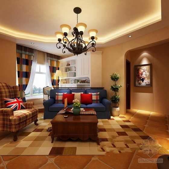 精品托斯卡纳地知名地产风格三居室装修室内设计施工图（含效果）客厅效果图