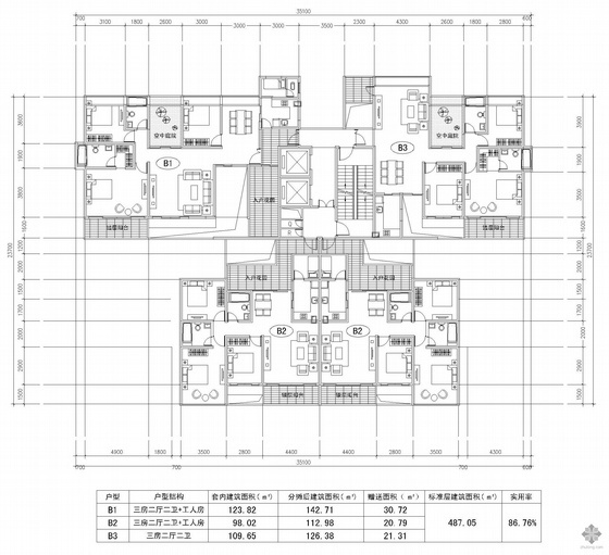 高层一梯四户户型CAD资料下载-塔式高层一梯四户户型图(143/113/113/126)