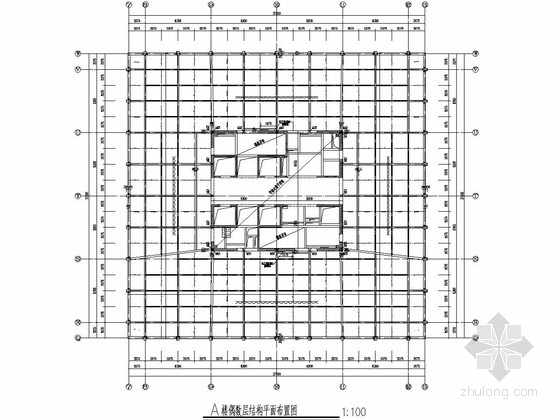 [上海]18层双塔网状钢框架核心筒结构办公楼结构图-A楼偶数层结构平面布置图 