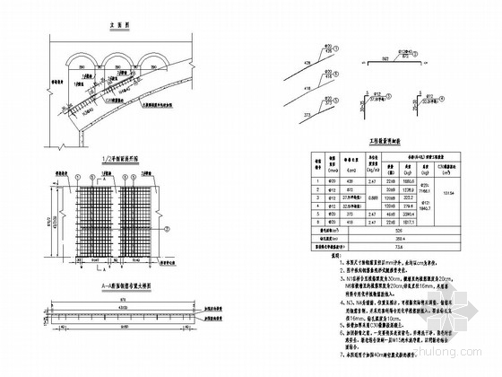 实腹式空腹式圬工组合拱桥加固改造施工图（21张 附加固方案）-40m跨主拱圈拱背加固钢筋布置图 