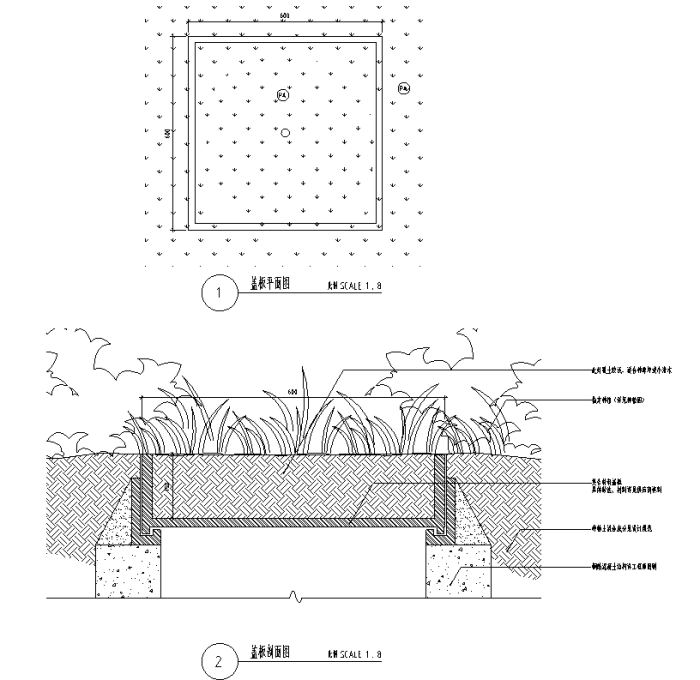 [江苏]滨水新中式居住区景观设计施工图全套（附实景图）-绿化软质井盖设计详图