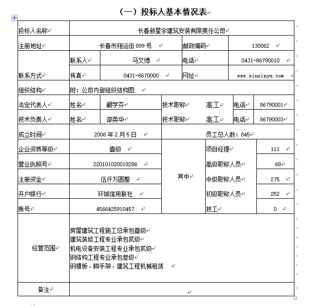 投标人基本情况表
