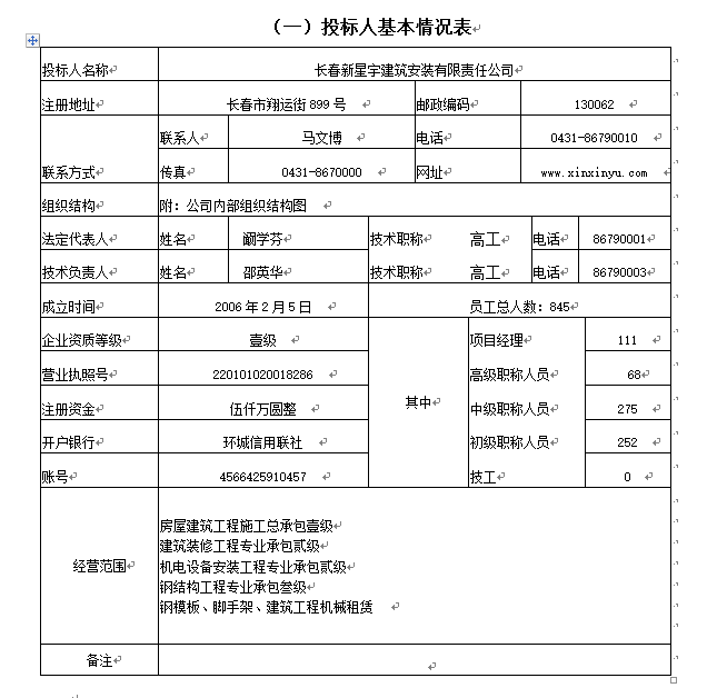 （道路排水、水系改造工程）全套标书-包含技术标、商务标-投标人基本情况表