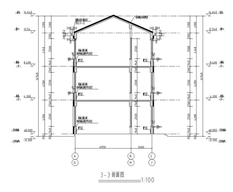 [宁夏]三层框架小学施工图（教学楼、食堂、综合楼等全栋楼图纸）-三层框架结构小学建筑剖面图