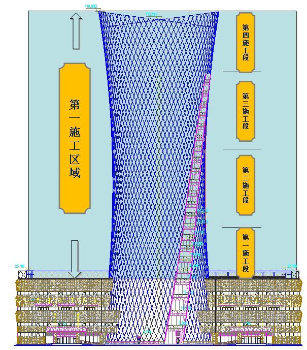 [江西]超高层综合办公楼分段施工幕墙工程施工组织设计294页（玻璃幕墙、铝单板幕墙）-本工程塔楼施工段划分