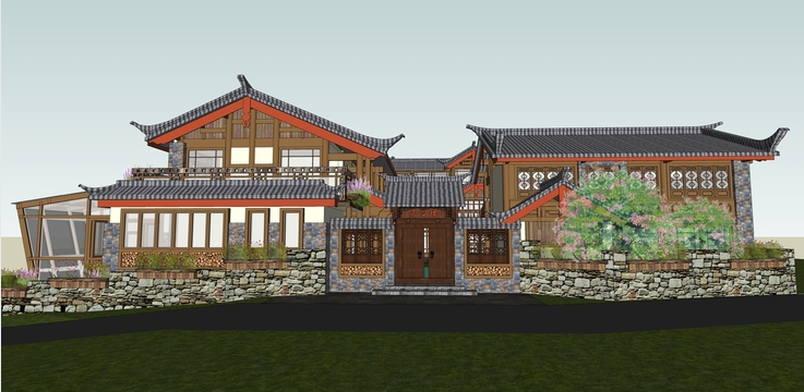 古镇商业街模型下载资料下载-中式风格古镇草居建筑sketchup模型