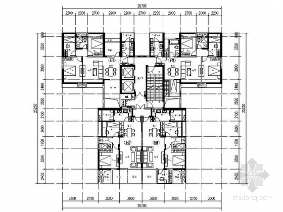 一核三户高层万科资料下载-[万科户型]一核四户高层住宅户型平面图（353平方米）