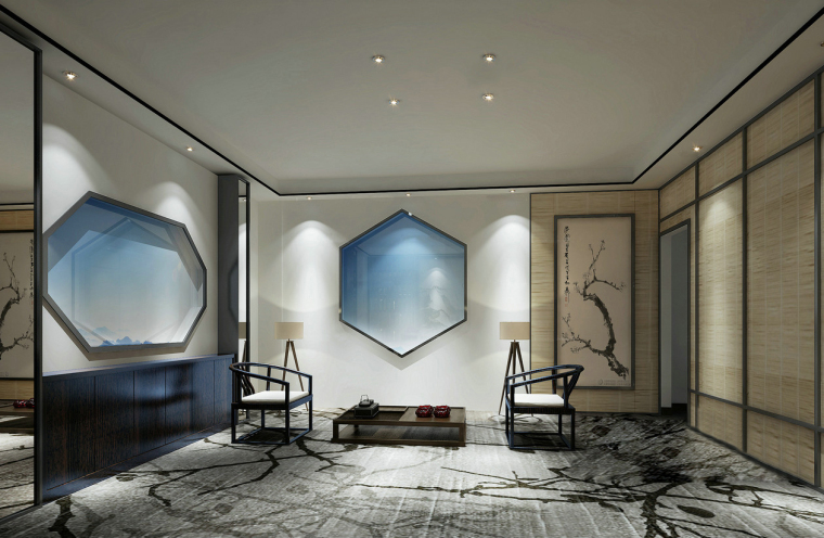 中式家具块资料下载-蓝白茶室禅意空间3D模型