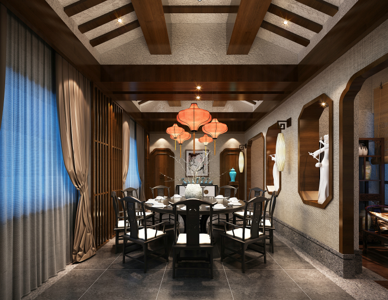 新中式--禅意茶楼餐厅设计施工图（附效果图）-秀就餐区1