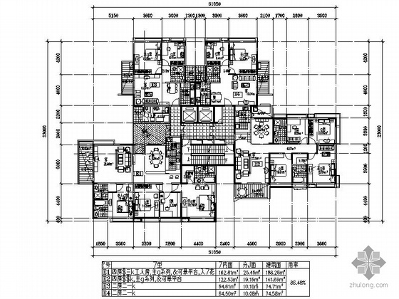 26层住宅一梯三户型资料下载-一梯三户户型方案（188/142/75/74）