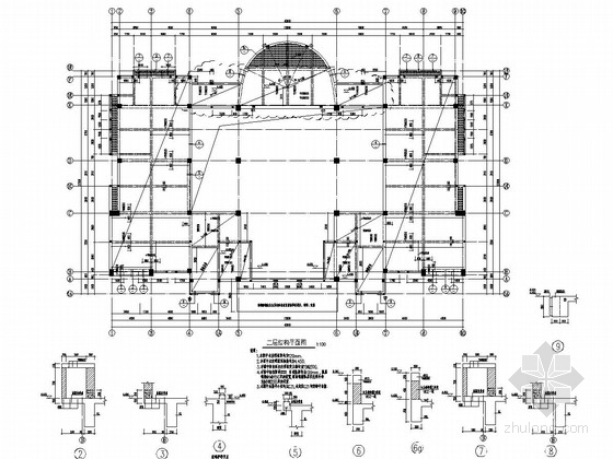 [武汉]地上二层框架结构物业用房结构施工图-二层结构平面图 