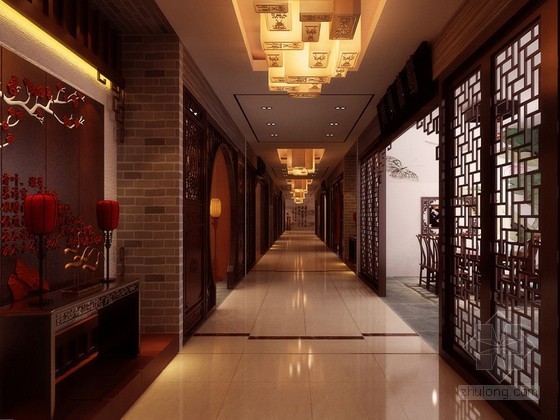 酒店走廊地毯贴图资料下载-中式走廊3D模型下载