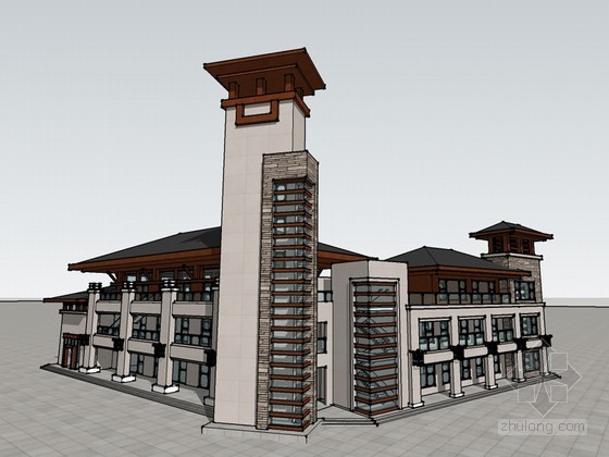 单层会所建筑cadsu资料下载-中式会所建筑SketchUp模型下载