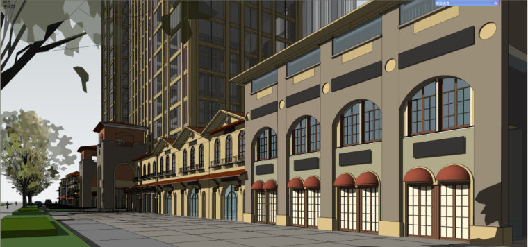 成都宽窄巷子su模型资料下载-西班牙风格,20层南世纪锦城西班牙风格沿街商业（su模型）