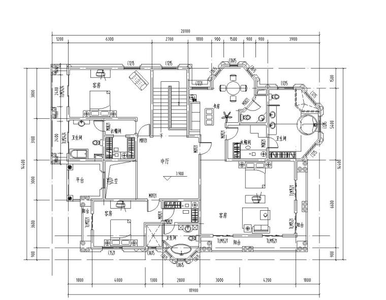 二层B1型别墅建筑设计文本（包含效果图）-二层平面图