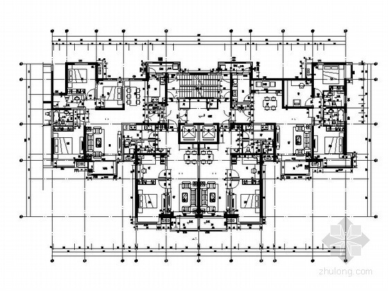 一梯四户高层平面图CAD资料下载-经典高层塔式住宅一梯四户型平面图（含端头户型）