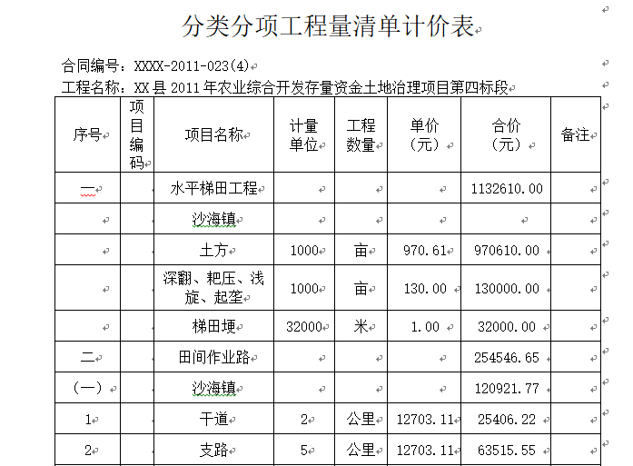 XX县2011年农业综合开发存量资金土地治理项目投标标书（完整版）-分部分项工程计价表