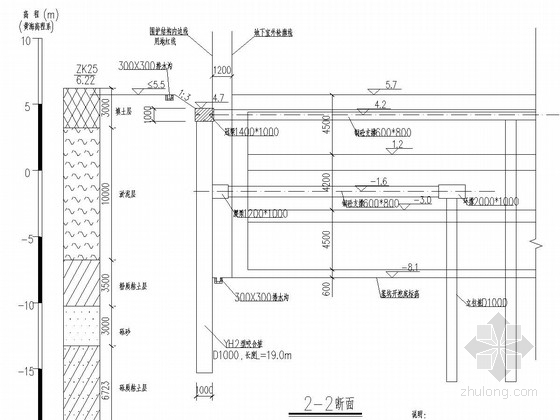 [广东]超高层建筑14米深基坑桩撑支护施工图（圆形内支撑）-基坑支护断面图 
