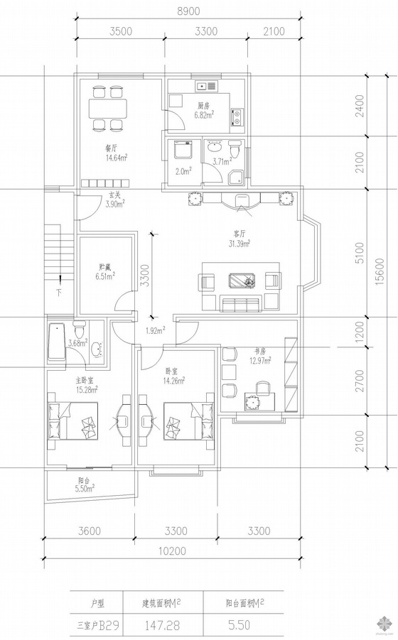 户型图三室一厅资料下载-板式多层一梯两户三室一厅二卫户型图(147/147)
