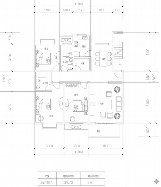 多层一梯两户三室资料下载-板式多层一梯两户三室一厅二卫户型图(140/140)