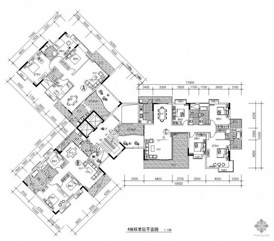 多层一梯三户住宅资料下载-塔式多层一梯三户户型图(143/112/185)