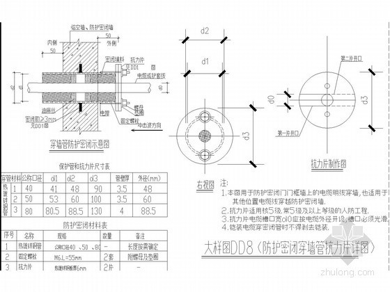 [江苏]大型甲类人防地下室全套电气图纸（含固定电站）-大型甲类人防地下室穿墙密闭套管大样图 