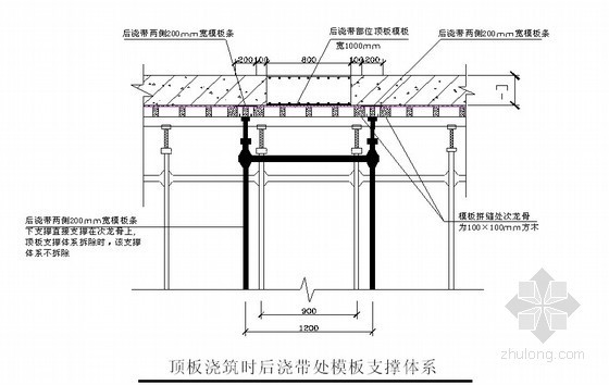 [北京]框架结构文体综合楼工程施工组织设计（201页 2014年）-顶板浇筑时后浇带处模板支撑体系 