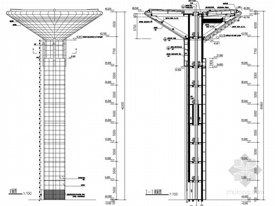 50米铁塔图资料下载-49米高体育中心景观塔结构施工图（含建筑图 18吨消防水箱）