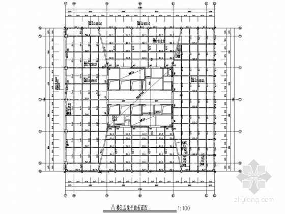 [上海]18层双塔网状钢框架核心筒结构办公楼结构图-A楼五层梁平面布置图 