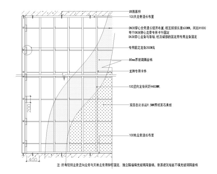 轻钢龙骨cad图资料下载-轻钢龙骨隔墙施工做法详图