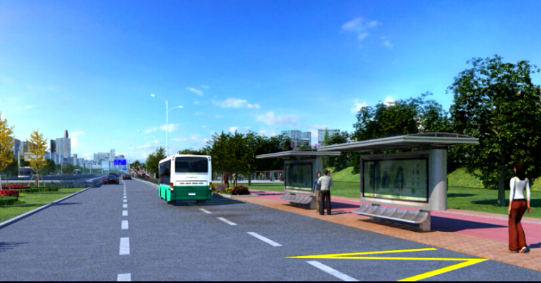 “海绵城市生态宜居家园”市政道路工程方案设计三维动画演示15分钟（高清无水印）-港湾式公交站点