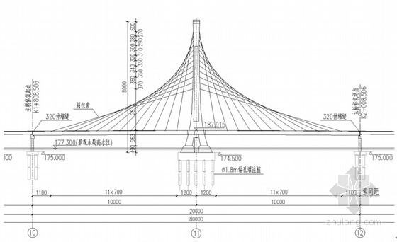 100m跨径支承体系独塔斜拉桥超全施工组织设计（412页图文丰富）-主桥立面图 