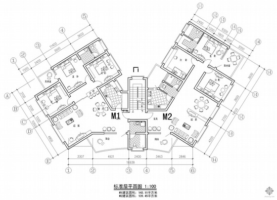 139平米户型资料下载-塔式多层一梯两户户型图(143/139)