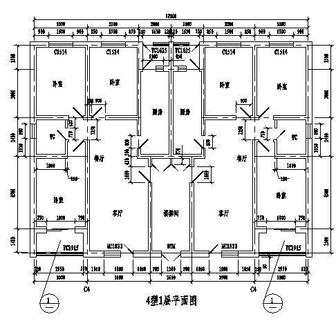 一梯两户一层cad图纸资料下载-一梯两户户型4型1层