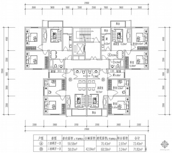 户型图两梯四户高层板式资料下载-板式高层一梯四户户型图(73/73/72/72)