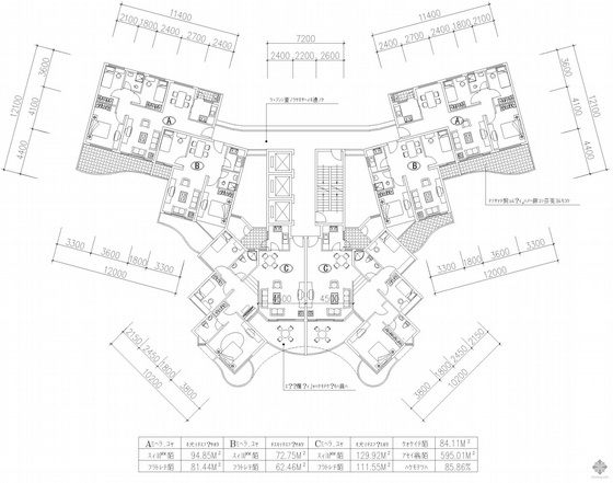 塔式建筑两梯八户资料下载-塔式高层一梯六户户型图(95/95/73/73/130/130)