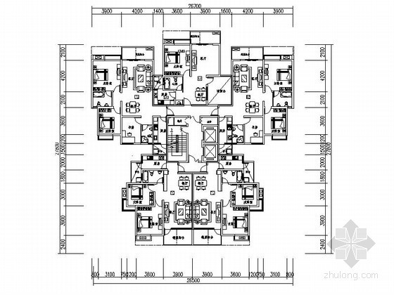 两梯六户房子的平面图资料下载-高层住宅一梯五户型平面图（109、86、75平方米）