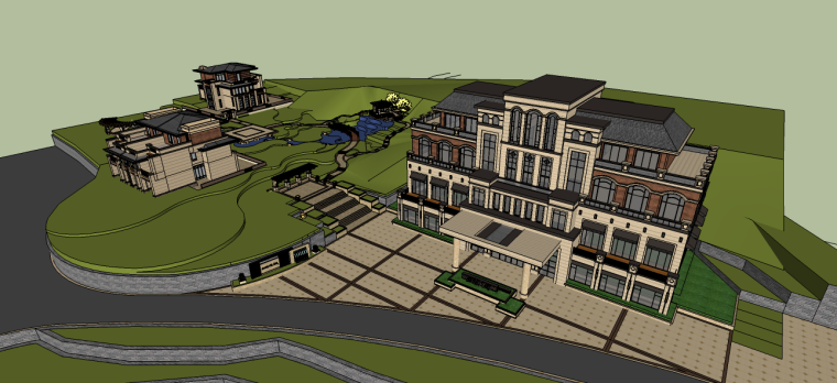 卧室CAD含SU模型资料下载-招待大楼建筑su模型（含部分景观su模型）