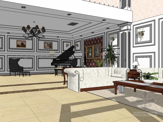 室内客厅su模型资料下载-欧式客厅SketchUp模型下载