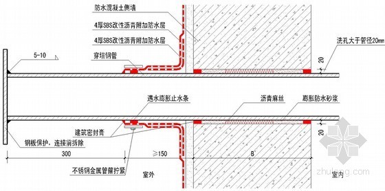 [天津]建筑工程标准化构件图集（34页）-地下室侧墙单管穿墙洗孔防水构造做法 