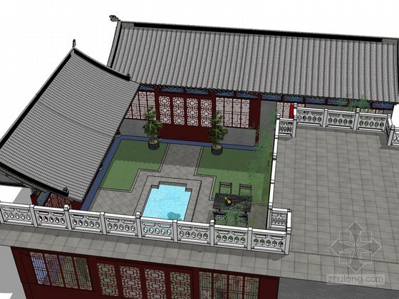 中式别墅庭院模型资料下载-中式庭院SketchUp模型下载