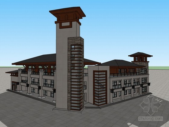 多层中式建筑模型资料下载-中式学院建筑sketchup模型下载