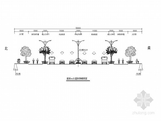 四车道道路横断面设计图资料下载-30米～55米道路标准横断面5张CAD（四车道六车道八车道）