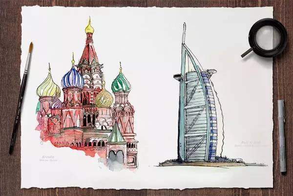 手绘世界著名建筑40例-40个世界著名古迹水彩插画欣赏