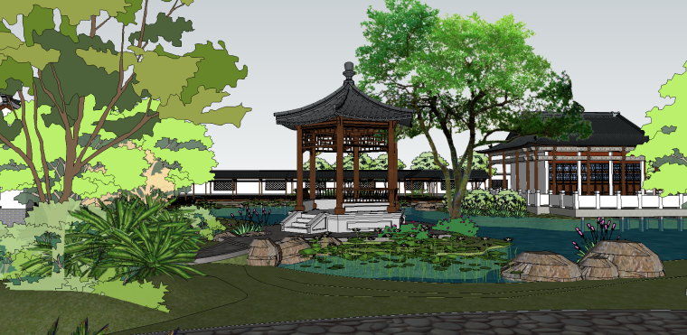 古建庭院模型资料下载-中式古建园林会所院落模型（su模型）